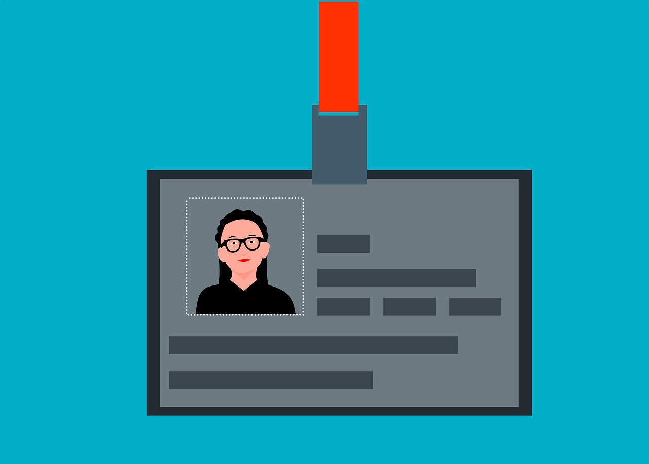 flat-style graphic of an ID card with a woman wearing glasses in the photo section